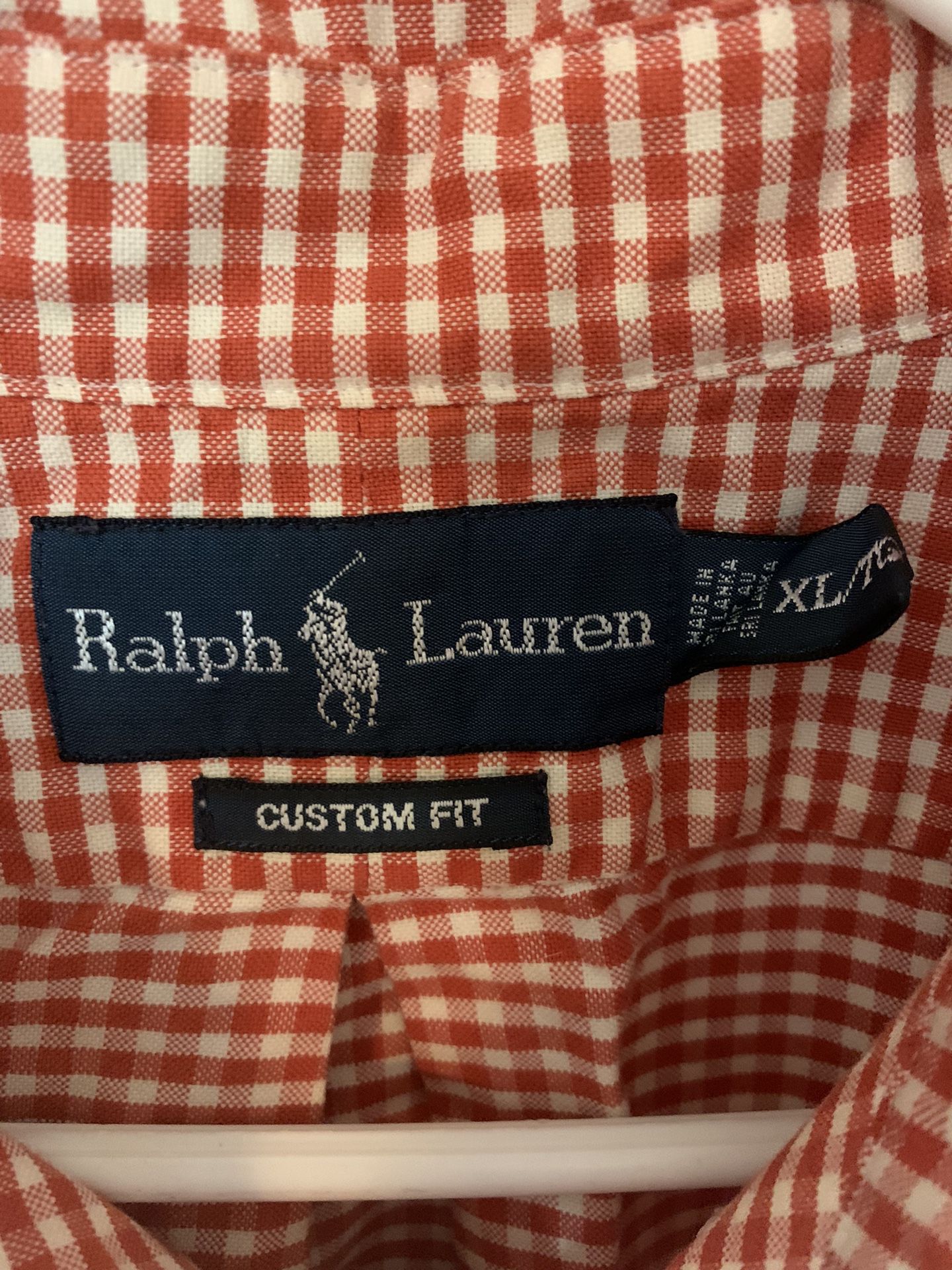 Ralph Lauren Custom Fit Shirt Men's Size XL Orange White Check Plaid Button Down