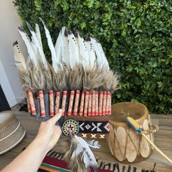 Set Of Taos Pueblo Drum  Drums and Native American Headdress, Spotted Feathers
