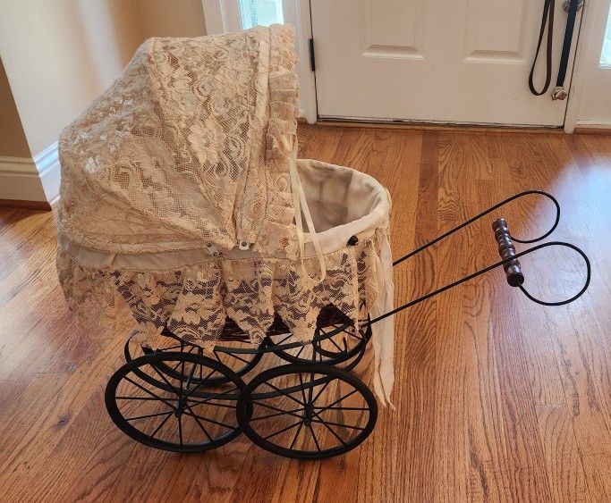 Victorian Style 17.5” Baby Doll Carriage Wood Metal Rubber Wheels Stroller