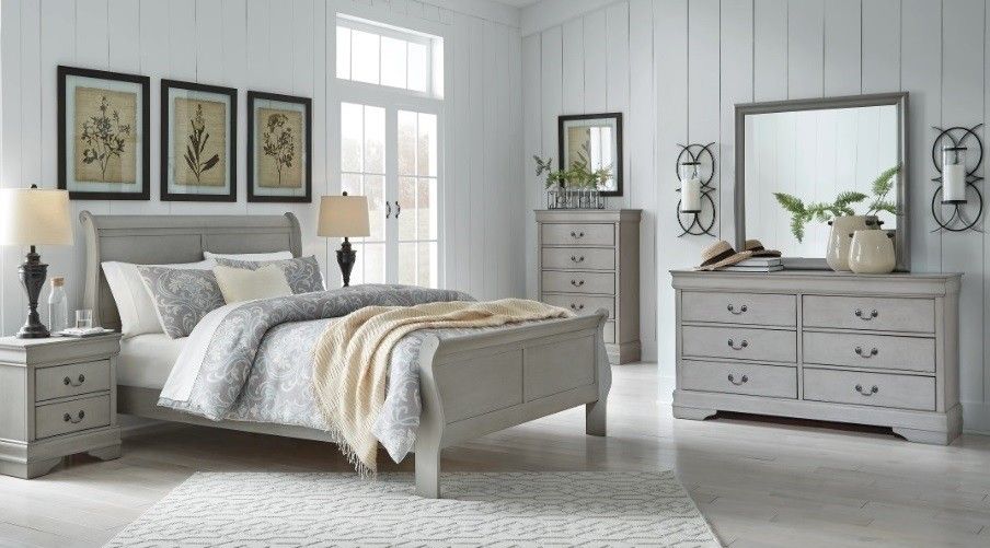 KORDASKY GRAY 5PC.-DRESSER MIRROR CHEST QUEEN SLEIGH BED