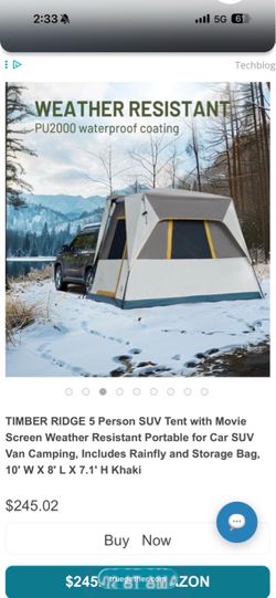 TIMBER RIDGE 5 Person SUV Tent with Movie Screen Weather Resistant Portable for Car SUV Van Camping, Includes Rainfly and Storage Bag, 10' W X 8' L X