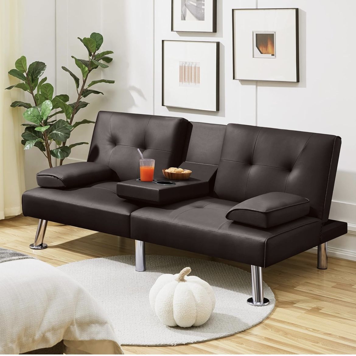 Convertible Sofa Adjustable Couch Sleeper Modern Faux Leather Home Reversible Loveseat, Removable Armrests, 3 Angles, 772lb Capacity, Espresso