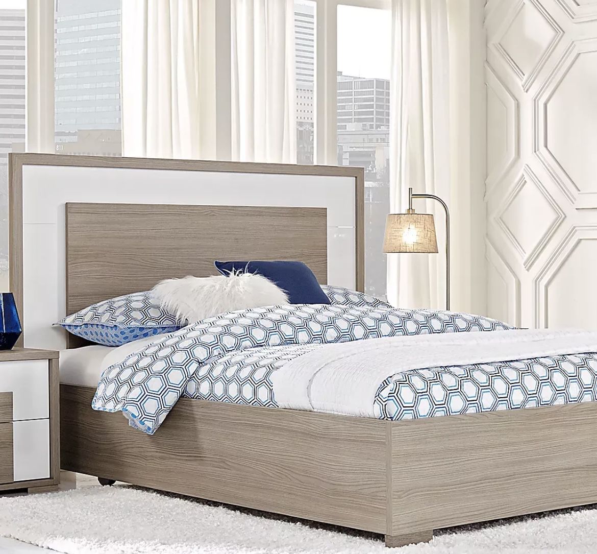 Queen white Bedroom set white and grey wood 