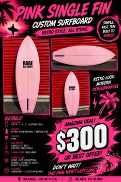 Pink, single fin custom retro short board