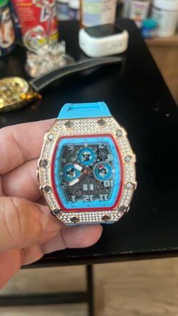 Iced Out Skeleton Chronograph Watch Blue Rubber Strap