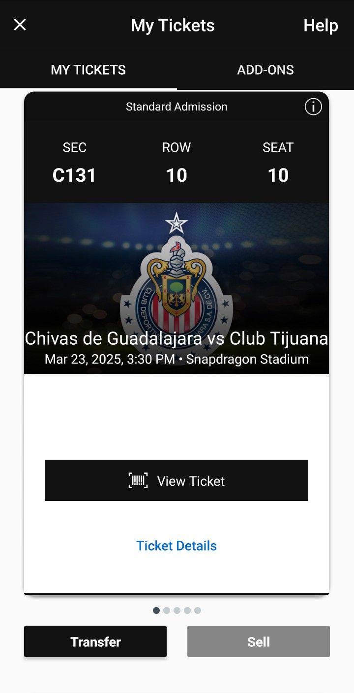 CHIVAS DE GUADALAJARA VS CHOLOS DE TIJUANA TICKET FIELD CLUB SEAT