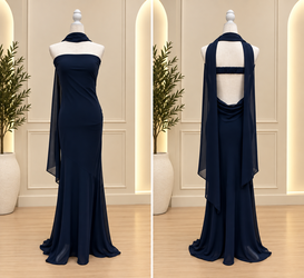 Navy blue strapless open back long elegant dress