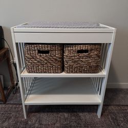 White IKEA Changing Table, Pad, Covers, Baskets