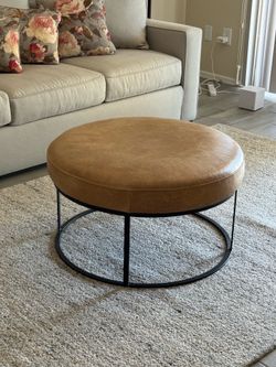 Round Cognac Ottoman Coffee Table | Faux Leather | Modern Metal Base