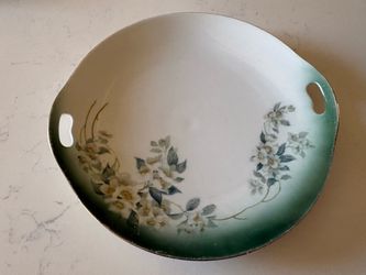 Antique Green Floral Porcelain Handled Serving Tray
