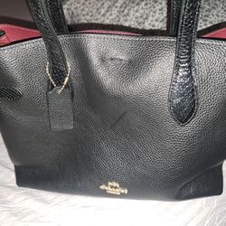 Coach Leather Black And Maroon color Handbag And Wallet 