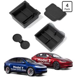 Zanch Tesla New Model Y Juniper & Model 3 Center Console Organizer [Noise-Free, Slide Smoothly] Double Layer Storage Space - Model 3 (2024~2026)/Model