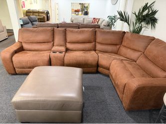Furniture- 5 Pc High Performance Fabric Sectional With 3 Power Recliners- Tanico