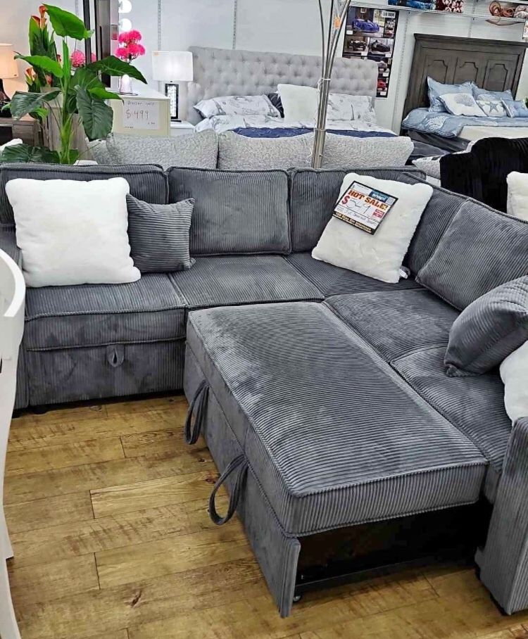 Sectional Sofa With Pull-out Bed & Storage Grey Or Ivory Corduroy Brand New