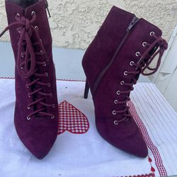 Burgundy Suede Stilettos Ankle Boots, Size 4.5