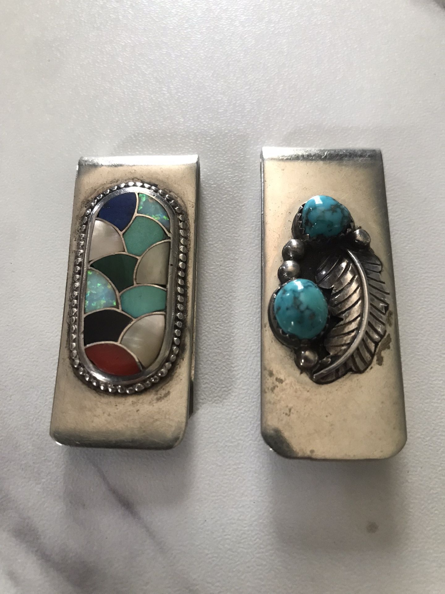 Vintage Sterling  Silver Turquoise Multi Gemstone Inlay Money Clip