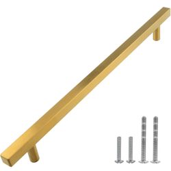 Modket Gold Satin Brass Brushed T Bar Handle Pull — 10-1/8" (256mm) Hole Centers, 12" Overall Length —  Modern Kitchen Cabinet Door Drawer Hardw