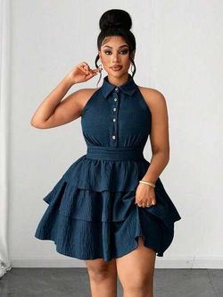 Women's Navy Blue Sleeveless Ruffle Mini Dress