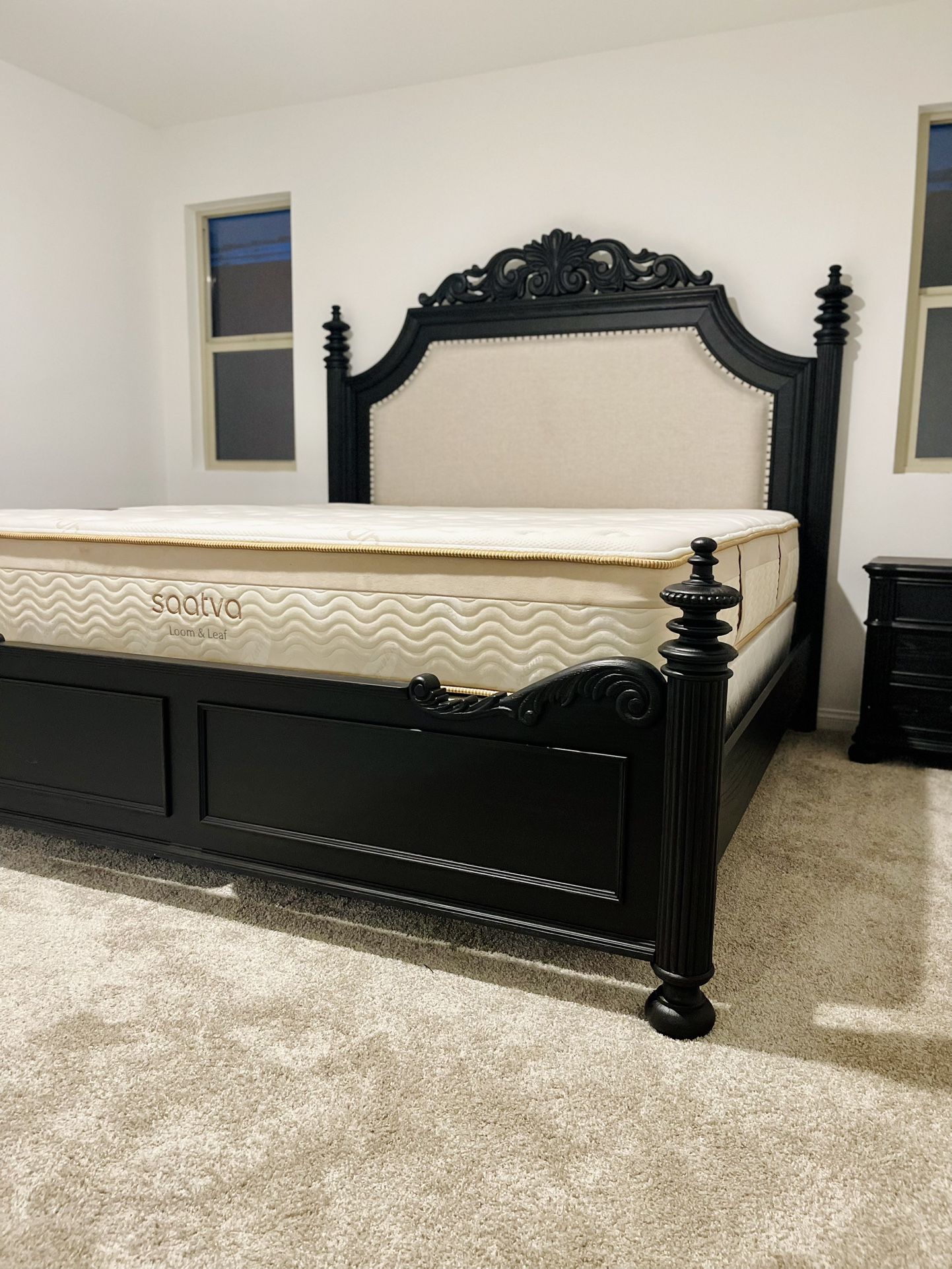Black Wooden Bed With Beige Upholstered Headboard