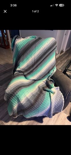 Handmade Crochet Teal and Grey Afghan Blanket