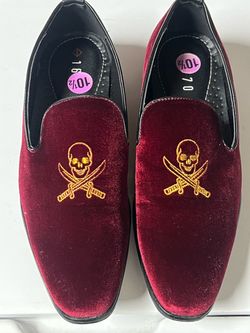 Burgundy Velvet Skull Embroidered Loafers Size 10.5