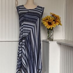 New Directions Blue Striped Stretch Asymmetrical Hem Shift Dress