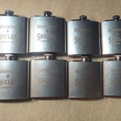 LOT OF 8 BUSHMILLS + SHELBY COMPANY LTD  STAINLESS STEEL 6 OZ. HIP FLASK