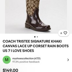 COACH TRISTEE SIGNATURE KHAKI CANVAS LACE UP CORSET RAIN BOOTS