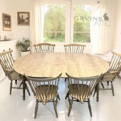 Ethan Allen RARE Vintage Raw Wood Dining Set: Extendable Oval Table & 8 Fiddleback/Windsor Chairs