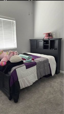 Full size bookcase ￼headboard, bed, graphite Gray