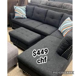 Black Living Room Sectional Sofa With Storage Ottoman 