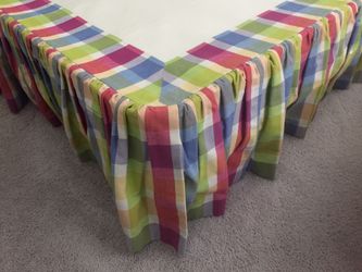 Custom, full size dust ruffle, table, glass topper, coordinating table skirt, throw pillows. Will sell separately.