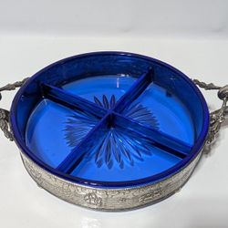 Galleon Silver WM MTS Cobal Glass Insert Divided Serving Dish Silverplate 11x8in