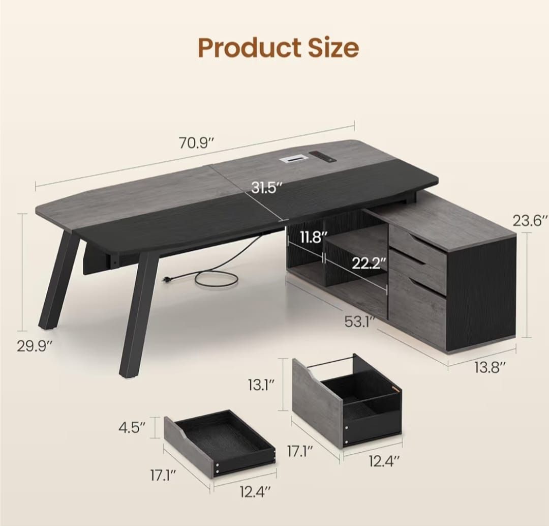 Desk with File Cabinet, Large Office Desk with Drawers and Shelves, L Shaped Computer Desk with Power Outlets, Business Furniture Desk Workstation for