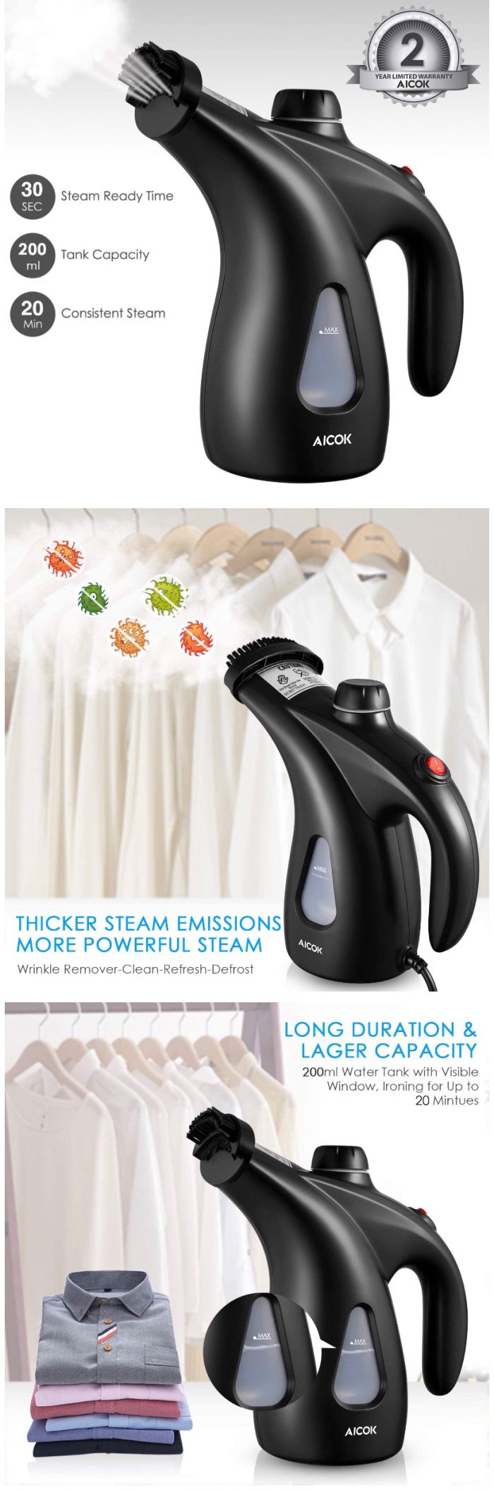 Steamer for Clothes, 950W 30S Fast Heat-up Handheld Garment Steamer for Travel and Home, 2020 New Upgrade 200ML (7.04 oz) Large Water Tank Portable M