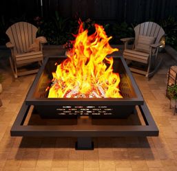 47" Large Fire Pit, Square Outdoor Fire Pit with Poker, Wood Burning FirePit for Camping, Backyard, Patio
