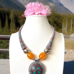 Vintage & Unique Ethnic Tribal Pendant Necklace With Amber & Inlay Stones Set In Silver 18”in & 86grams