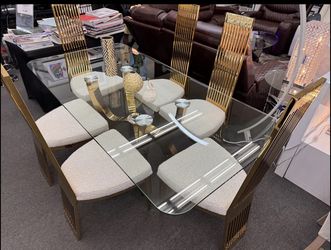 New Beige/Gold Table w/ 6 Fabric Chairs Dining Set