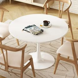White Round Dining Table, 31.5" Tulip Table Kitchen Dining Table for 2-4 People with MDF Table Top & Pedestal Base, Mid-Century End Table Leisure Coff