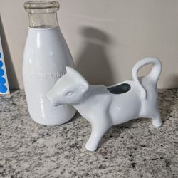 Cow Creamer And Vintage Quart Milk Bottle