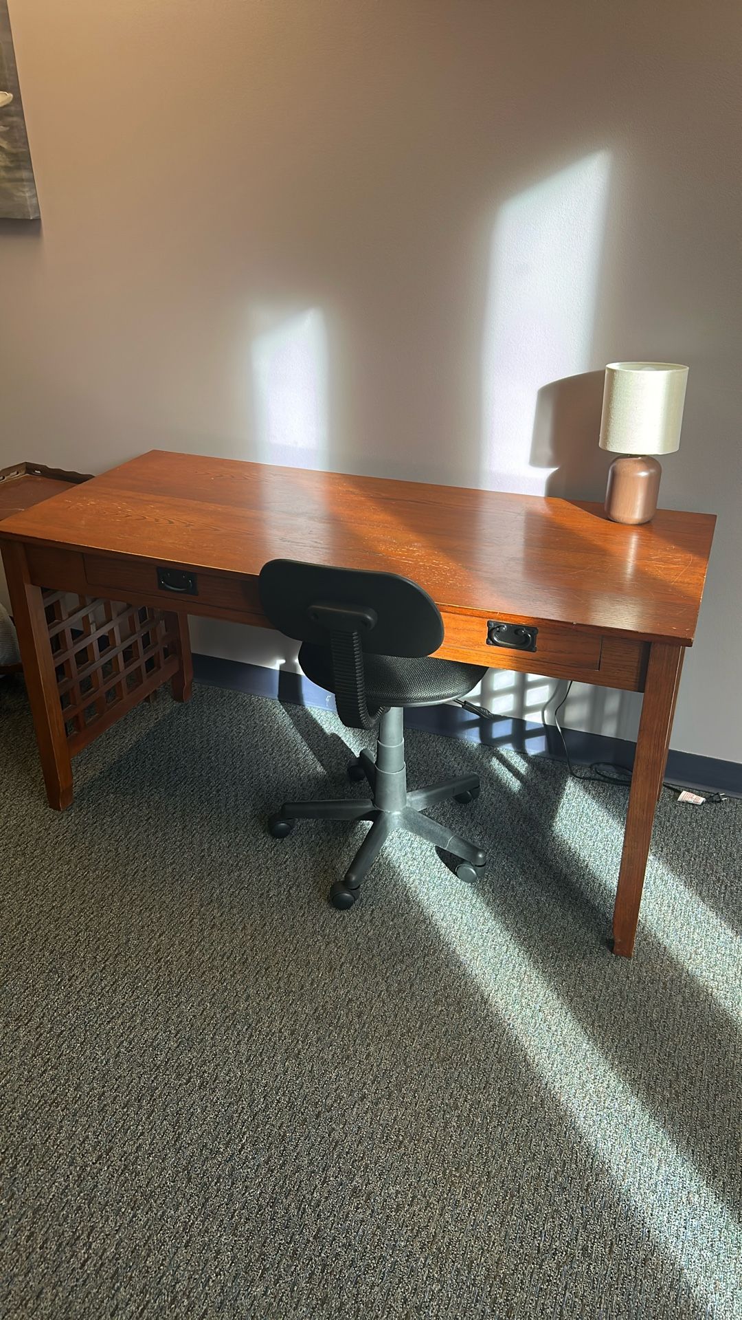 Large Desk With Two Drawers. Light Brown Wood.