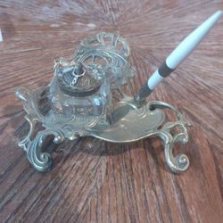 Teleflora Brass Inkwell Stand Glass Ink Jar & Pen