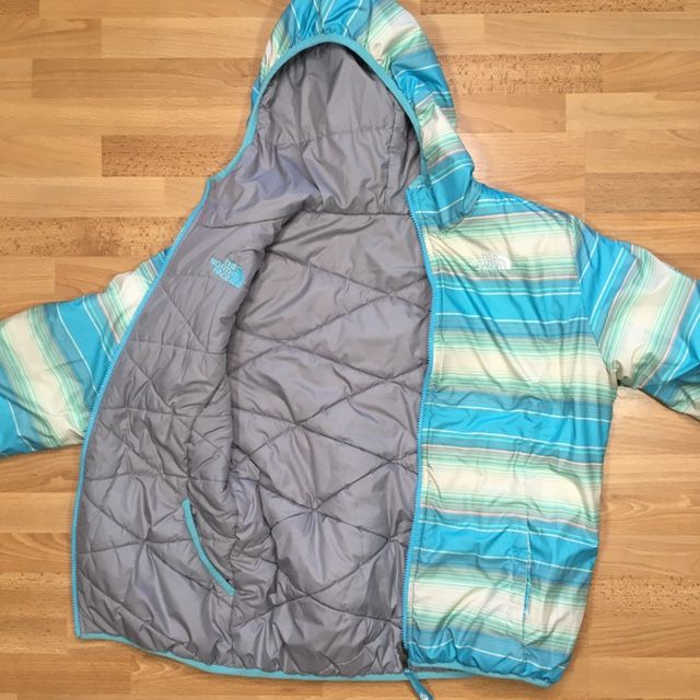 The North Face Girls Reversible Mossbud Striped Jacket L 14-16 Teal Gray Hood