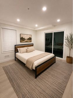 Queen Bed Frame Black Metal Wood Accents