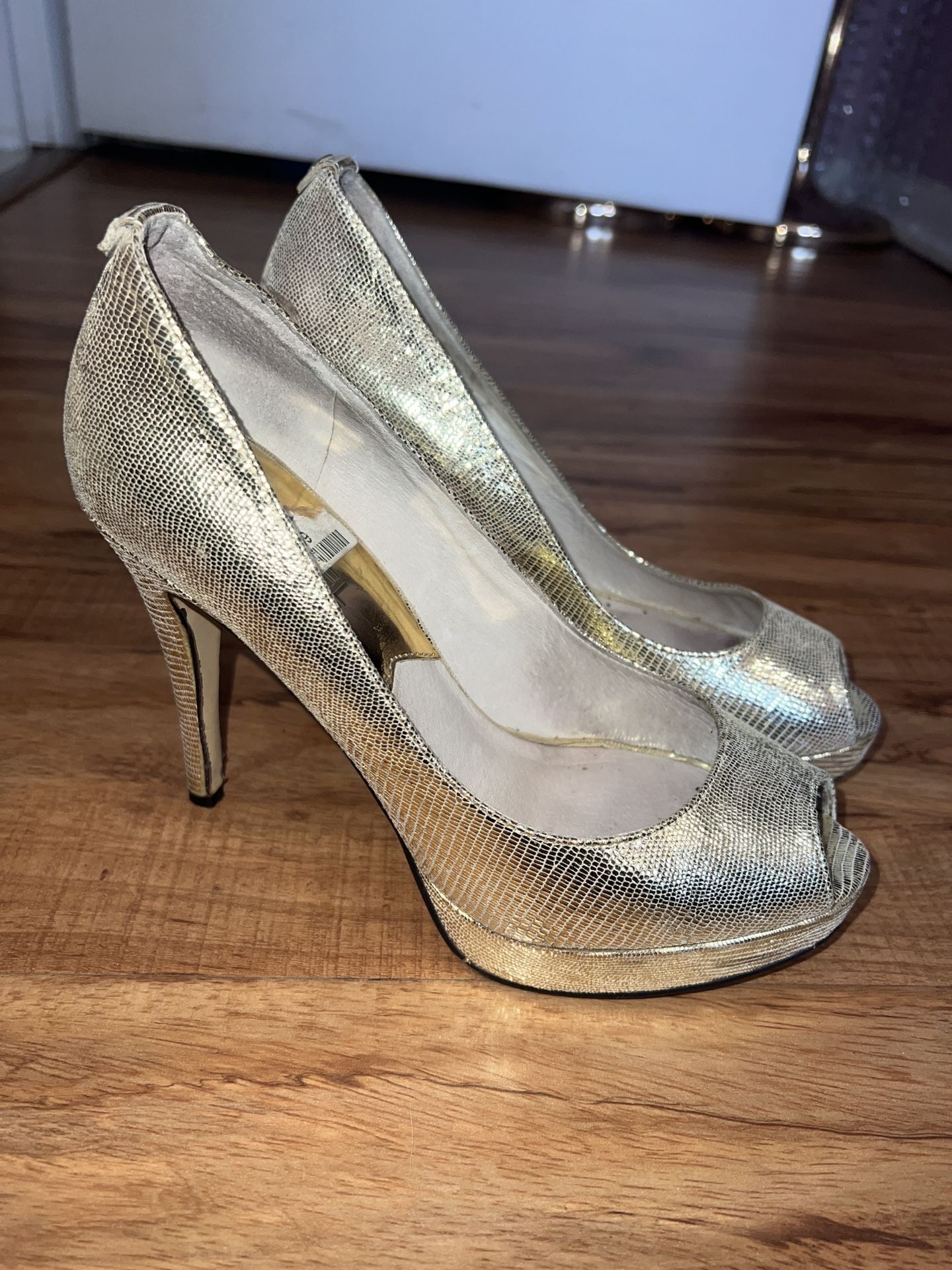 Michael Kors Gold Reptile Skin Peep Toe Heels