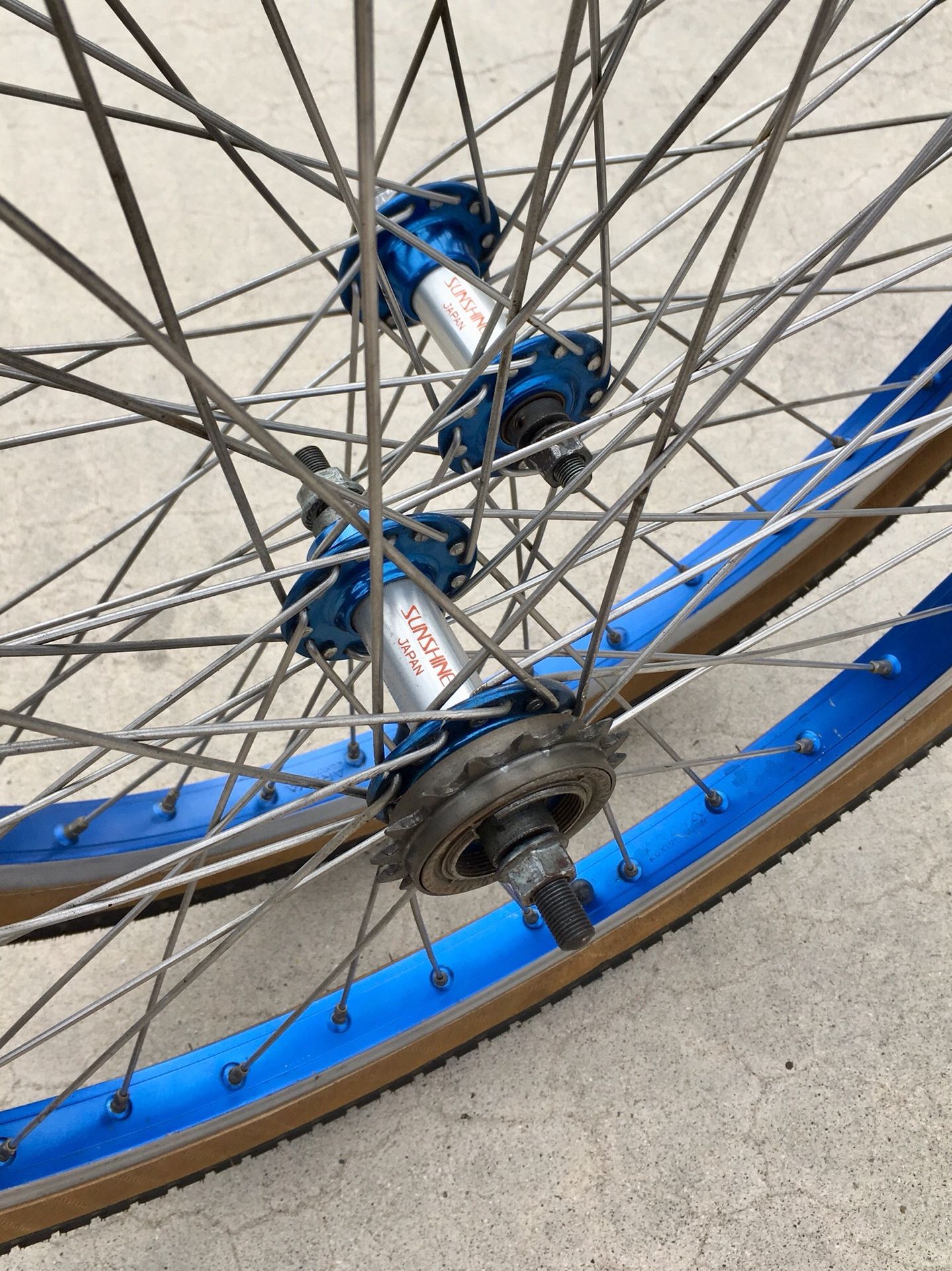 OLD SCHOOL SUNSHINE JAPAN SEALED HUBS ARAYA 26x1.75” BLUE BMX RIMS WHEELS SET COOK BROS CHAMPION POWERLITE GT GLJ 3 BAR 26” PRO CRUISER BIKE