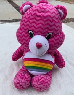 Pink Care Bears Cheer Bear plush with rainbow belly badge