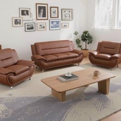 Brown Leather Modern Style Three Piece Couch Set