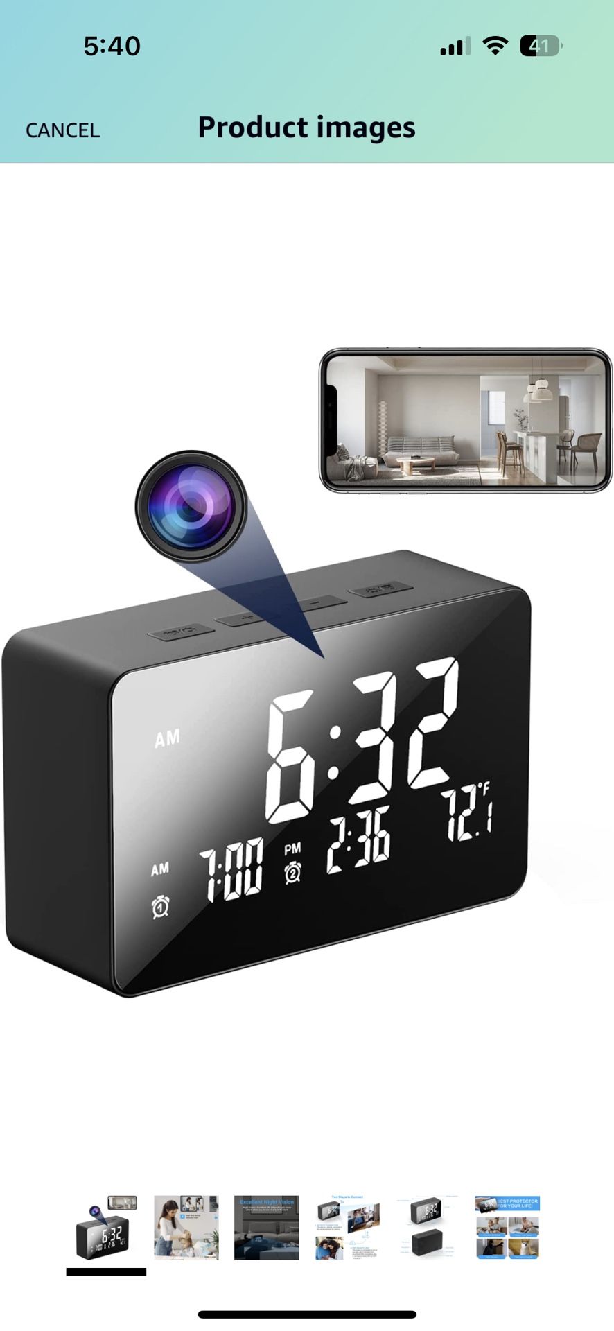 Hidden Camera Clock, 1080P Wireless Hidden WiFi Camera Spy Nanny Cam with Night Vision and Motion Detection, Room Thermometer, 140 Ultra Wide Angle, H