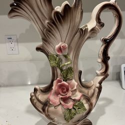 Vintage Capodimonte Italy 18” Porcelain Ewer Vase Applied Pink Roses Crown N Shell Form